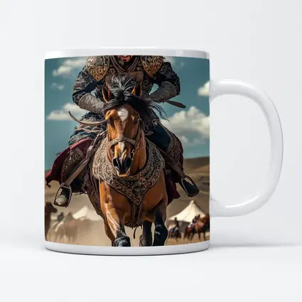 Mongol Warrior Riding Horse Across Dusty Steppe