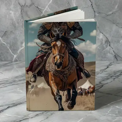 Mongol Warrior Riding Horse Across Dusty Steppe