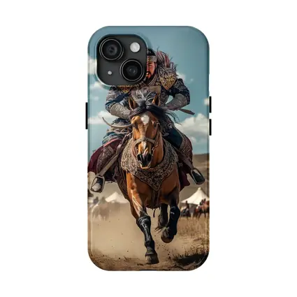 Mongol Warrior Riding Horse Across Dusty Steppe