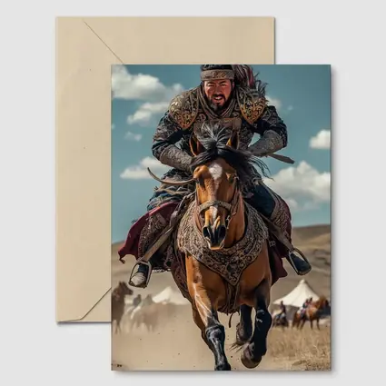 Mongol Warrior Riding Horse Across Dusty Steppe