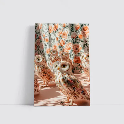 Floral Owls Against Roses Curtain Background