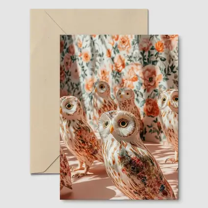 Floral Owls Against Roses Curtain Background