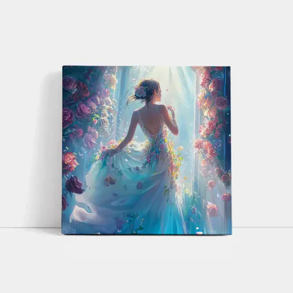 Woman in Floral Dress Surrounded by Roses