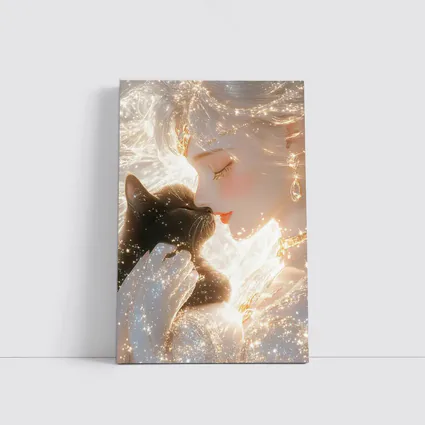 Anime Girl With Black Cat Glowing Fantasy