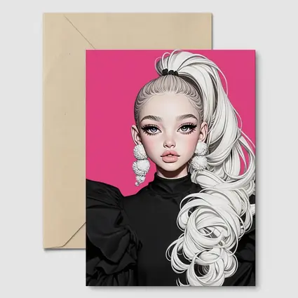 Fashion Illustration Girl White Hair Pink Background