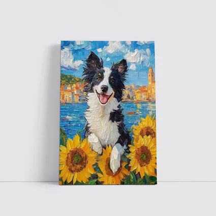 Border Collie Dog Sunflowers Coastal Town Oil Painting