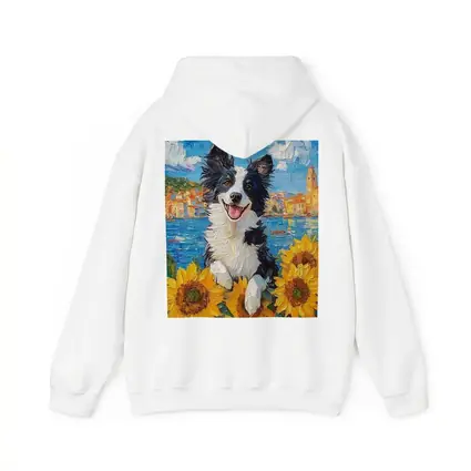 Border Collie Dog Sunflowers Coastal Town Oil Painting