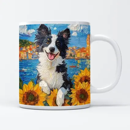 Border Collie Dog Sunflowers Coastal Town Oil Painting