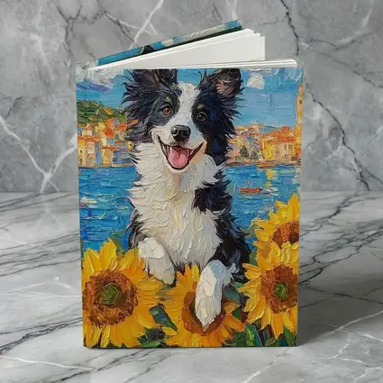 Border Collie Dog Sunflowers Coastal Town Oil Painting