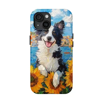 Border Collie Dog Sunflowers Coastal Town Oil Painting