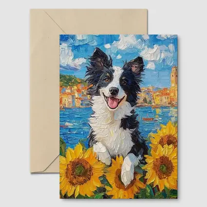Border Collie Dog Sunflowers Coastal Town Oil Painting