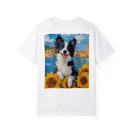 Border Collie Dog Sunflowers Coastal Town Oil Painting