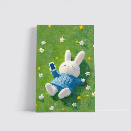 Cute White Bunny Relaxing On Flower Meadow