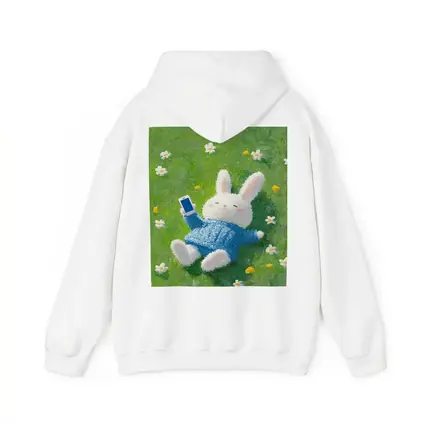 Cute White Bunny Relaxing On Flower Meadow