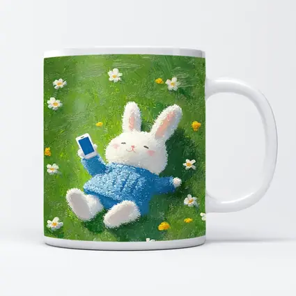 Cute White Bunny Relaxing On Flower Meadow