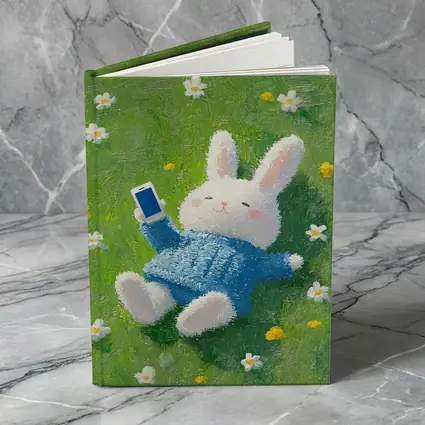Cute White Bunny Relaxing On Flower Meadow