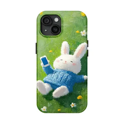 Cute White Bunny Relaxing On Flower Meadow