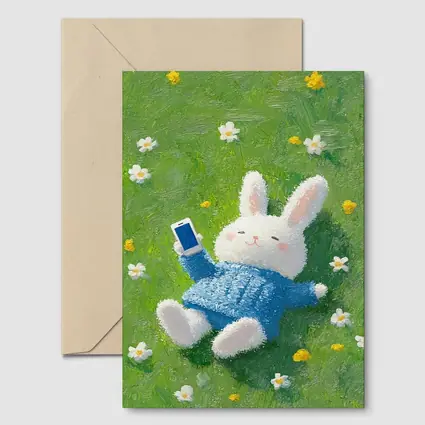 Cute White Bunny Relaxing On Flower Meadow