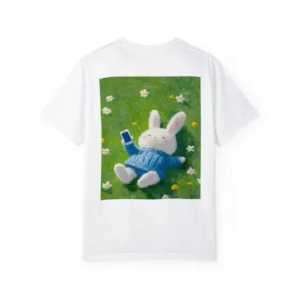 Cute White Bunny Relaxing On Flower Meadow