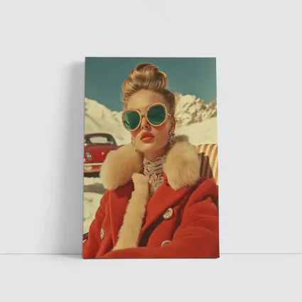 Retro Fashion Woman Red Coat Snowy Alps