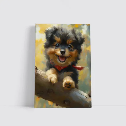 Happy Yorkie Puppy Oil Painting Yellow Background