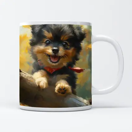 Happy Yorkie Puppy Oil Painting Yellow Background