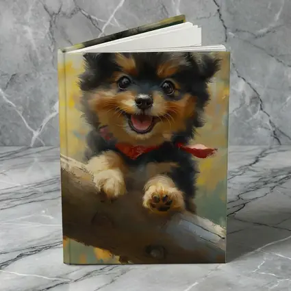 Happy Yorkie Puppy Oil Painting Yellow Background