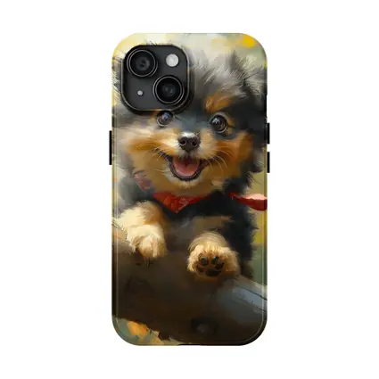 Happy Yorkie Puppy Oil Painting Yellow Background