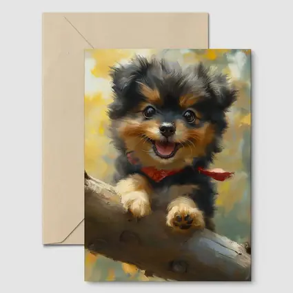 Happy Yorkie Puppy Oil Painting Yellow Background