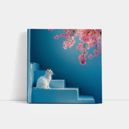 White Cat Sitting on Blue Steps Cherry Blossoms