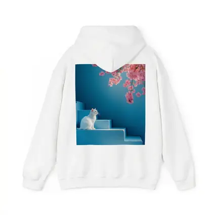White Cat Sitting on Blue Steps Cherry Blossoms