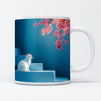 White Cat Sitting on Blue Steps Cherry Blossoms