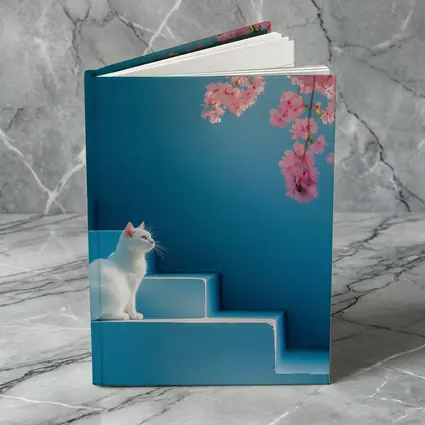 White Cat Sitting on Blue Steps Cherry Blossoms