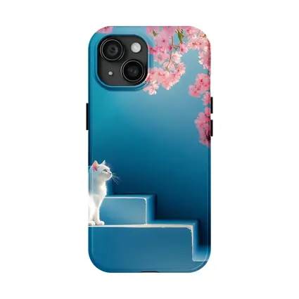 White Cat Sitting on Blue Steps Cherry Blossoms