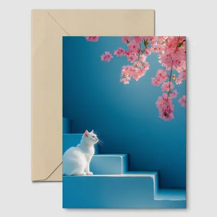 White Cat Sitting on Blue Steps Cherry Blossoms