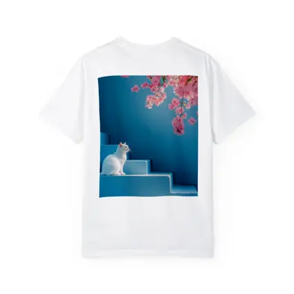 White Cat Sitting on Blue Steps Cherry Blossoms