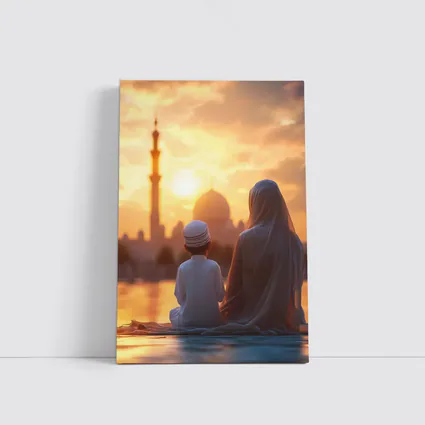 Muslim Mother Child Sitting Mosque Sunset