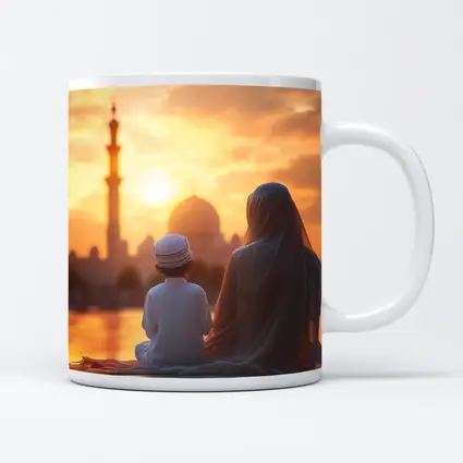 Muslim Mother Child Sitting Mosque Sunset