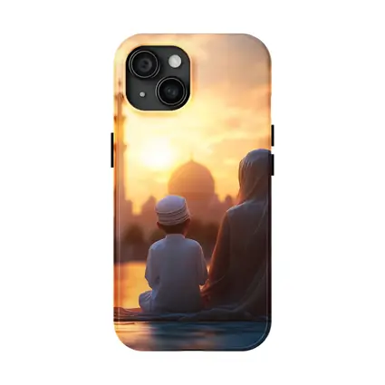Muslim Mother Child Sitting Mosque Sunset