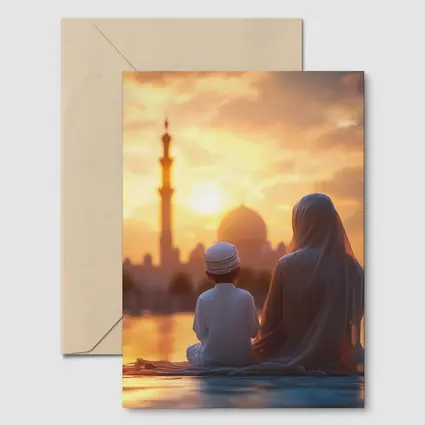 Muslim Mother Child Sitting Mosque Sunset