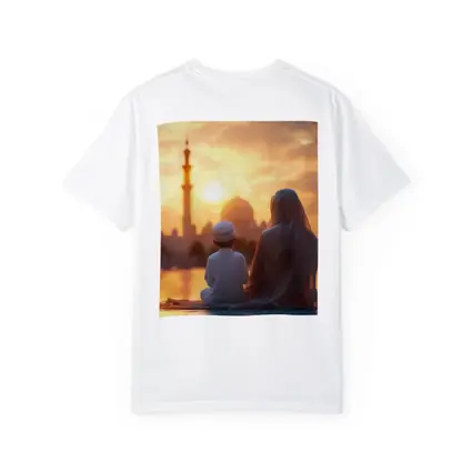 Muslim Mother Child Sitting Mosque Sunset