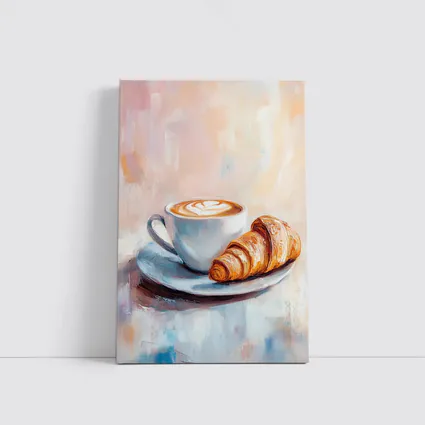 Latte Art Croissant Oil Painting Pastel Background