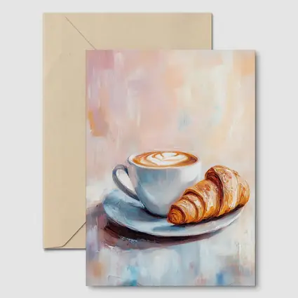 Latte Art Croissant Oil Painting Pastel Background