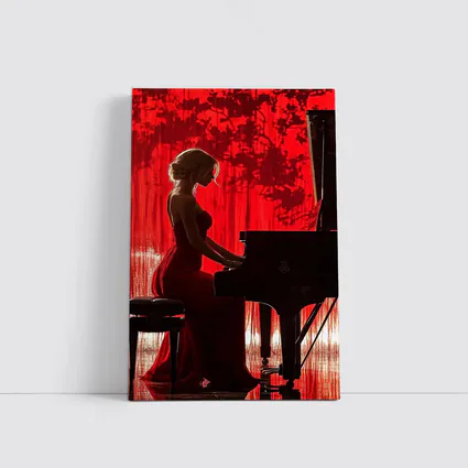 Woman Playing Grand Piano Red Background