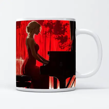 Woman Playing Grand Piano Red Background