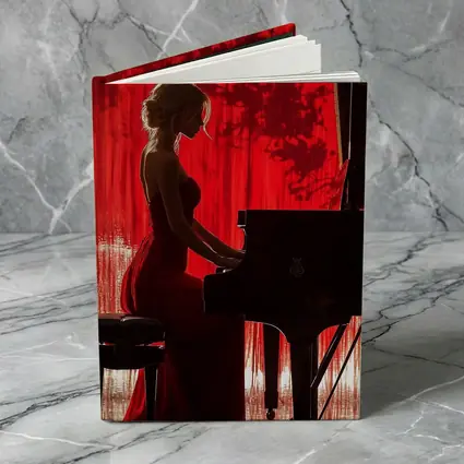Woman Playing Grand Piano Red Background