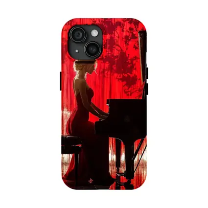 Woman Playing Grand Piano Red Background