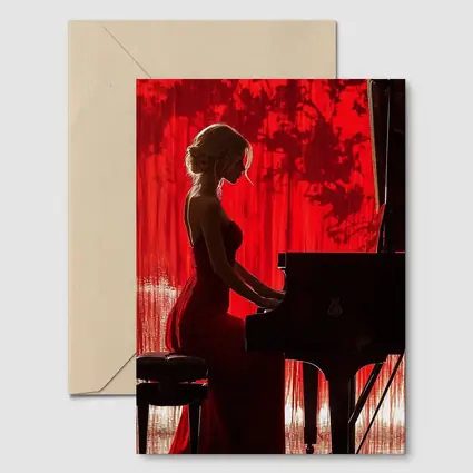 Woman Playing Grand Piano Red Background