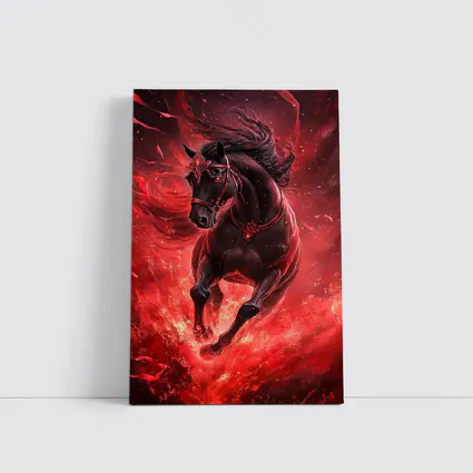 Black Horse Running Through Red Flames Fantasy