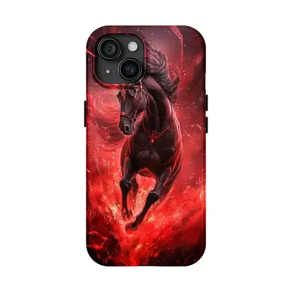 Black Horse Running Through Red Flames Fantasy